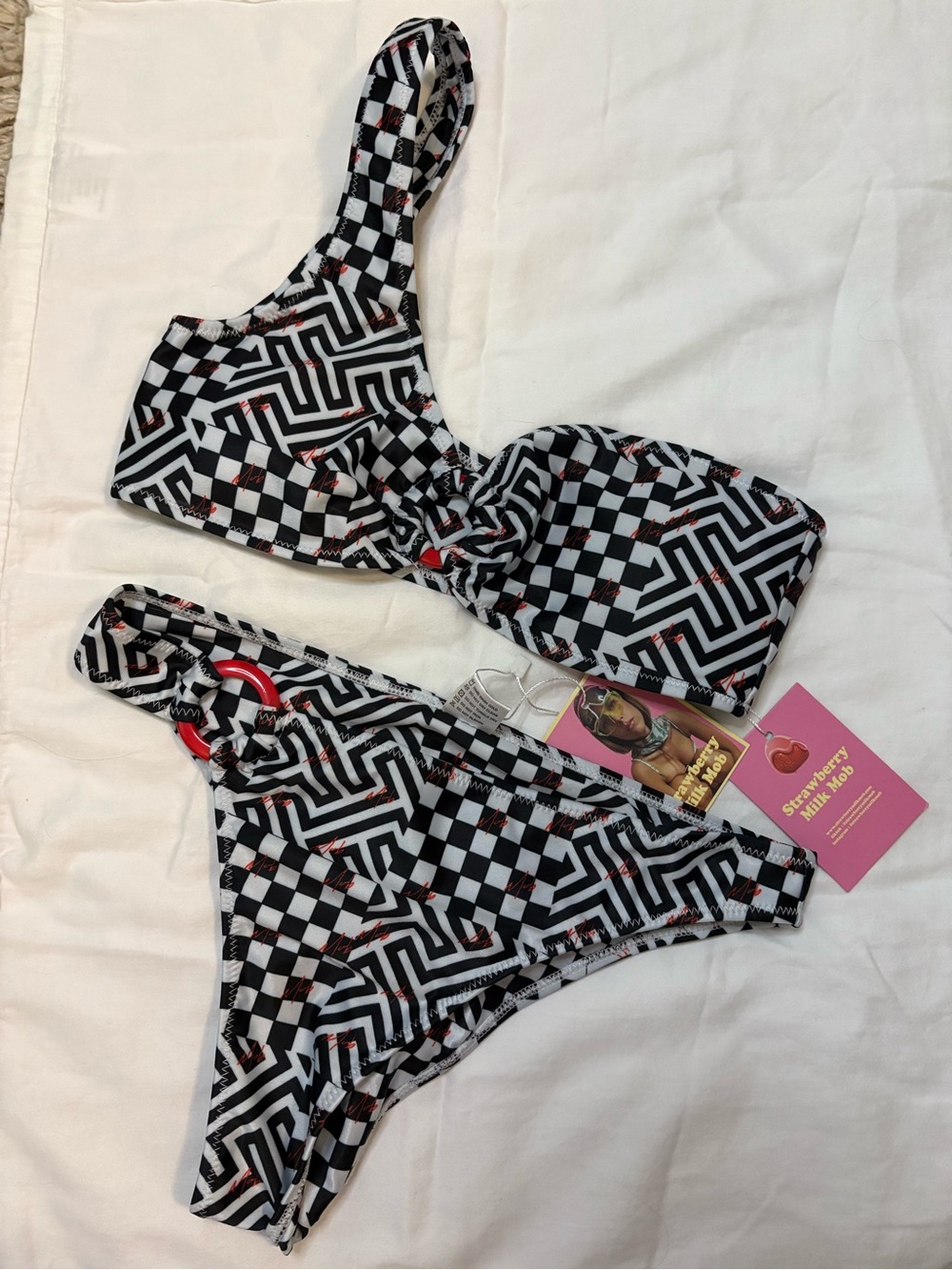 Strawberry Milk Mob Black & White Geometric Bikini with Red Accents